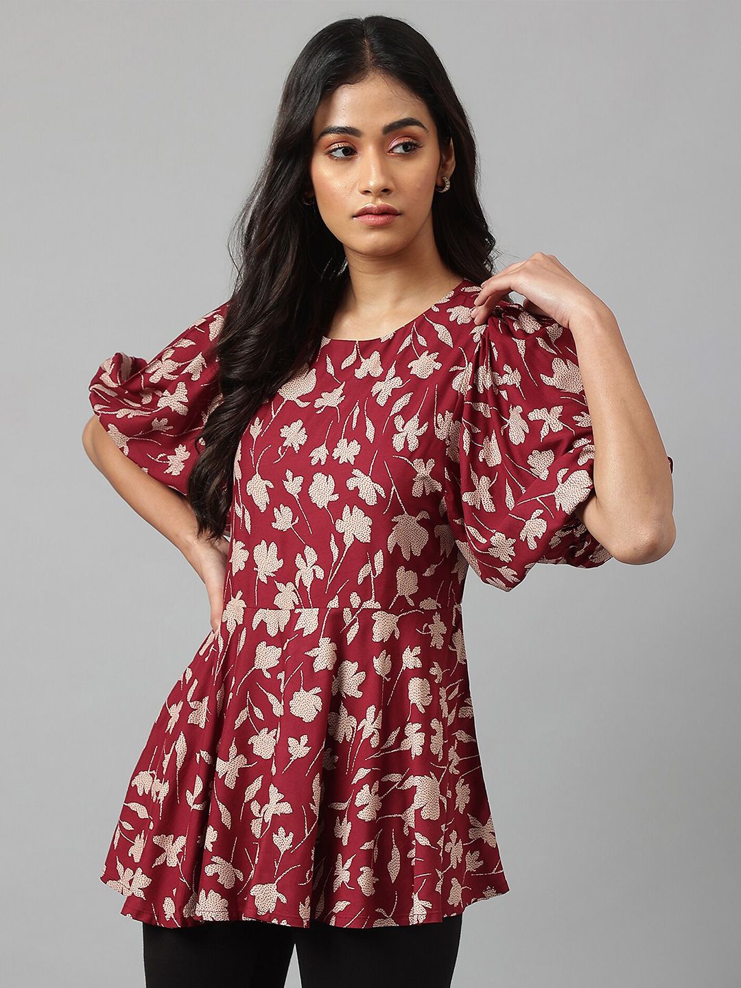 W Red Floral Print Peplum Top Price in India
