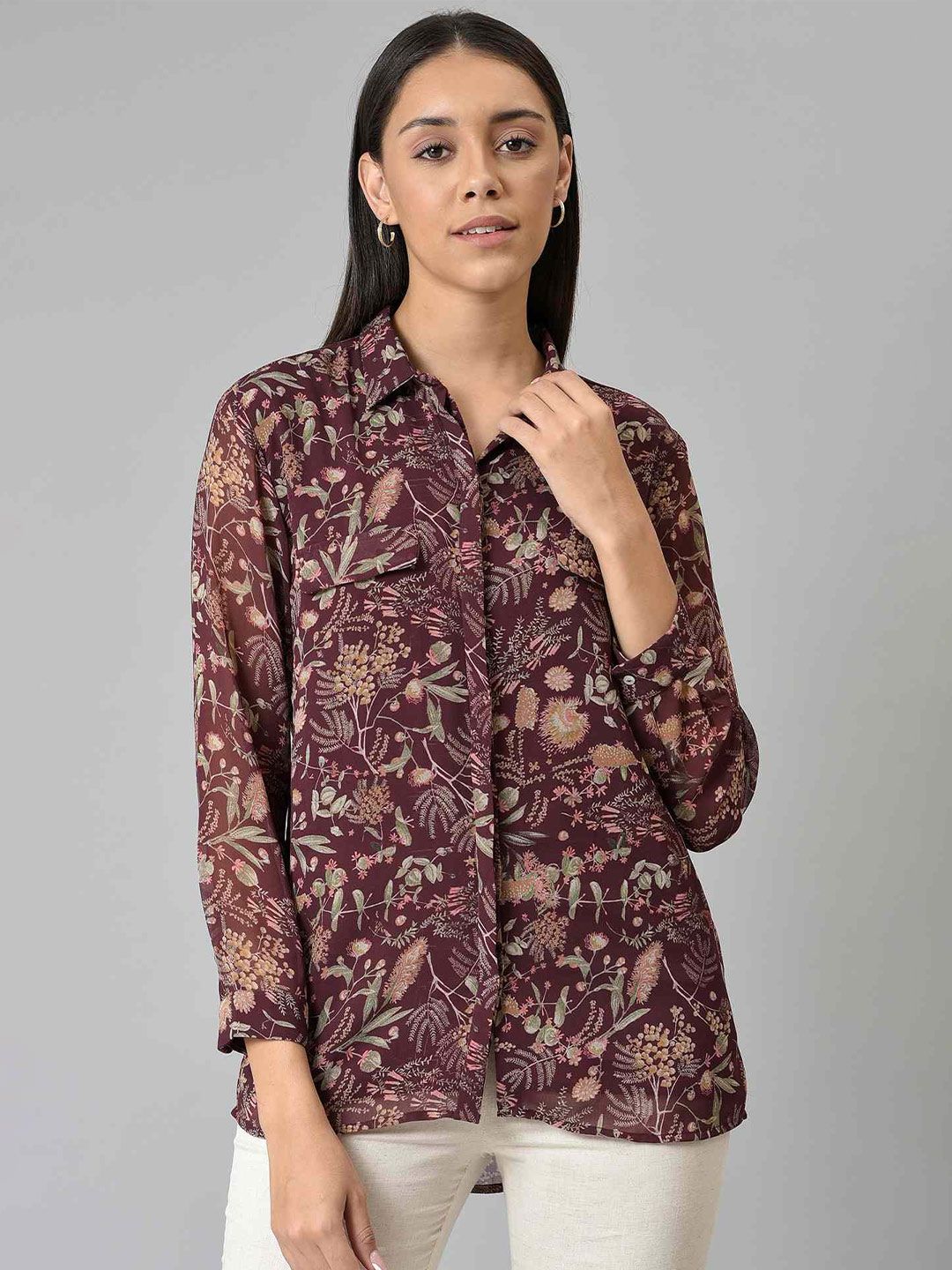 W Red Floral Print Shirt Style Top Price in India