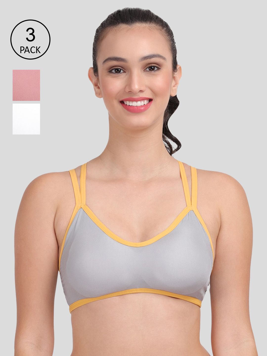 Amour Secret Pack of 3 Pink & White Dry Fit Sports Bra Price in India