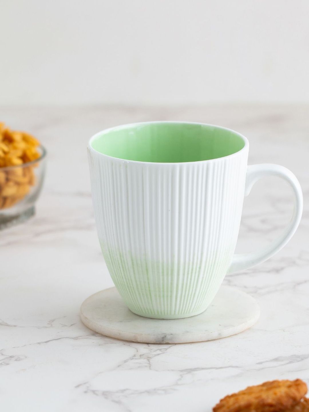 CLAY CRAFT Set of 2 White & Green Textured Fine Ceramic Vertis Glossy Mugs Price in India