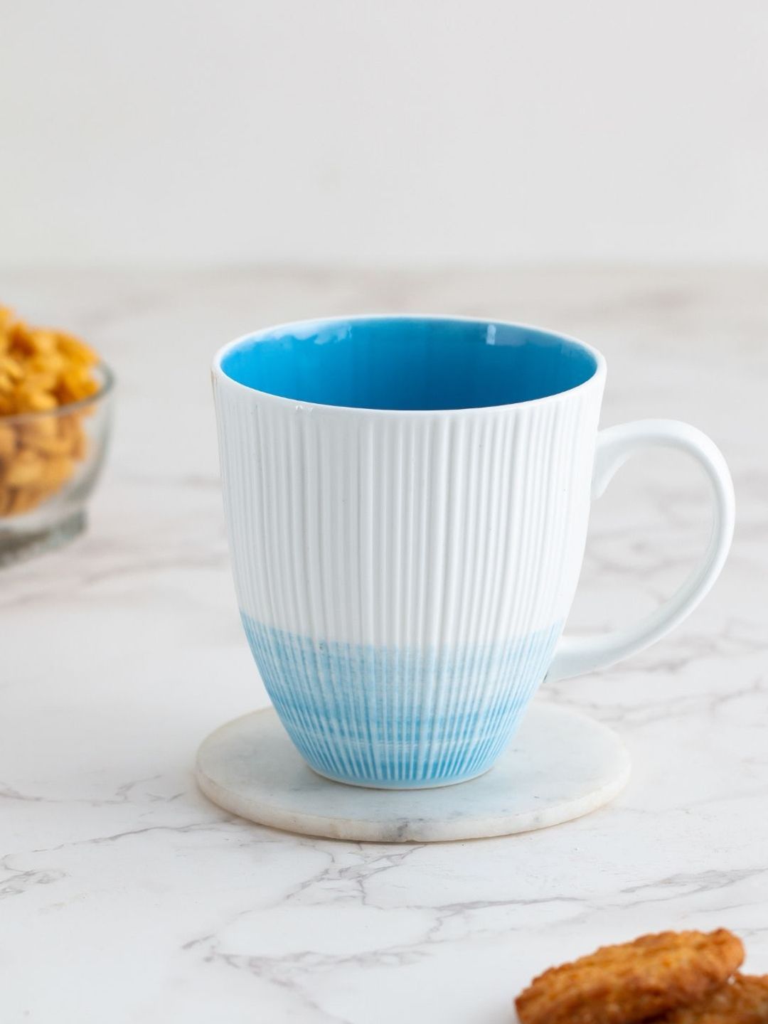 CLAY CRAFT Set of 2 White & Blue Textured Fine Ceramic Vertis Glossy Mugs Price in India