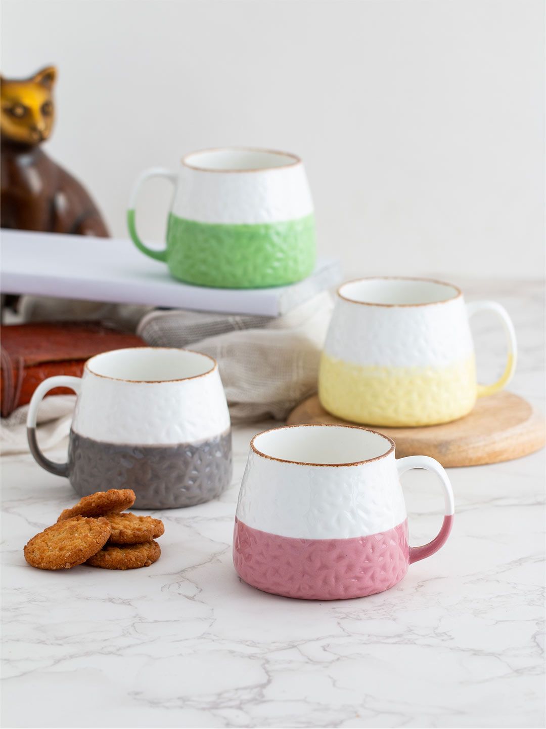 CLAY CRAFT Set of 4 Textured Fine Ceramic Glossy Mugs Price in India