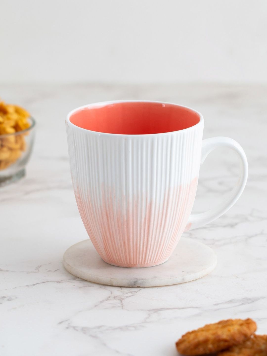 CLAY CRAFT Set of 2 White & Orange Textured Fine Ceramic Vertis Glossy Mugs Price in India