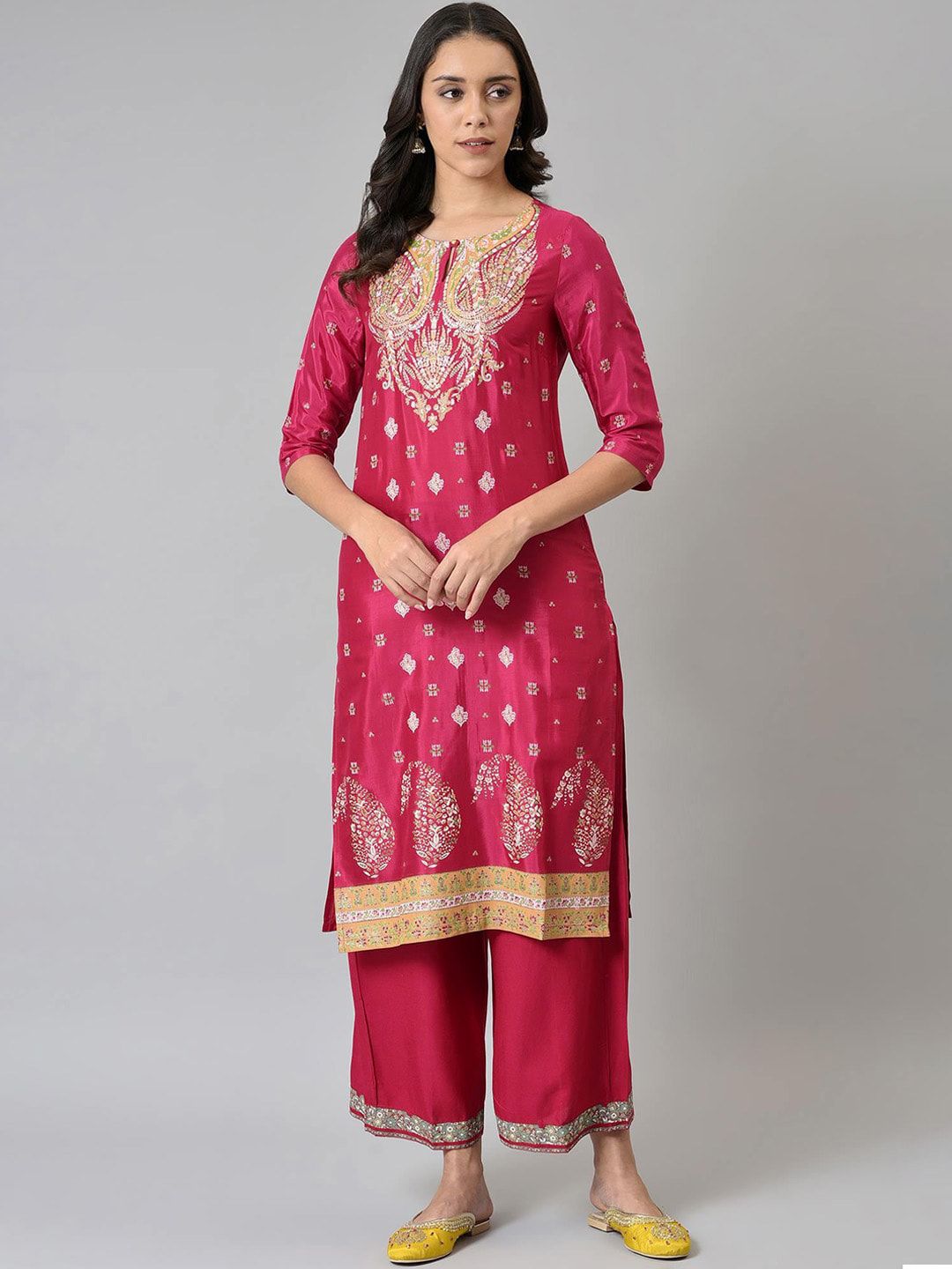 W Women Pink & Gold-Toned Paisley Yoke Design Kurta Price in India