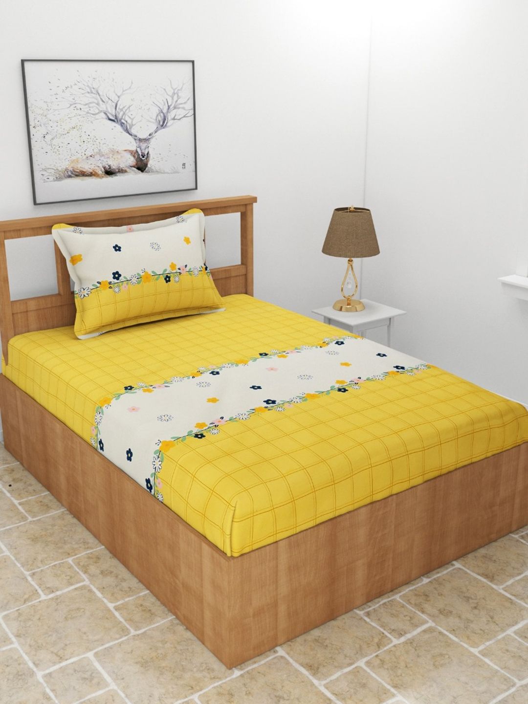 MORADO Yellow & Green Floral 210 TC Single Fitted Bedsheet with 1 Pillow Covers Price in India