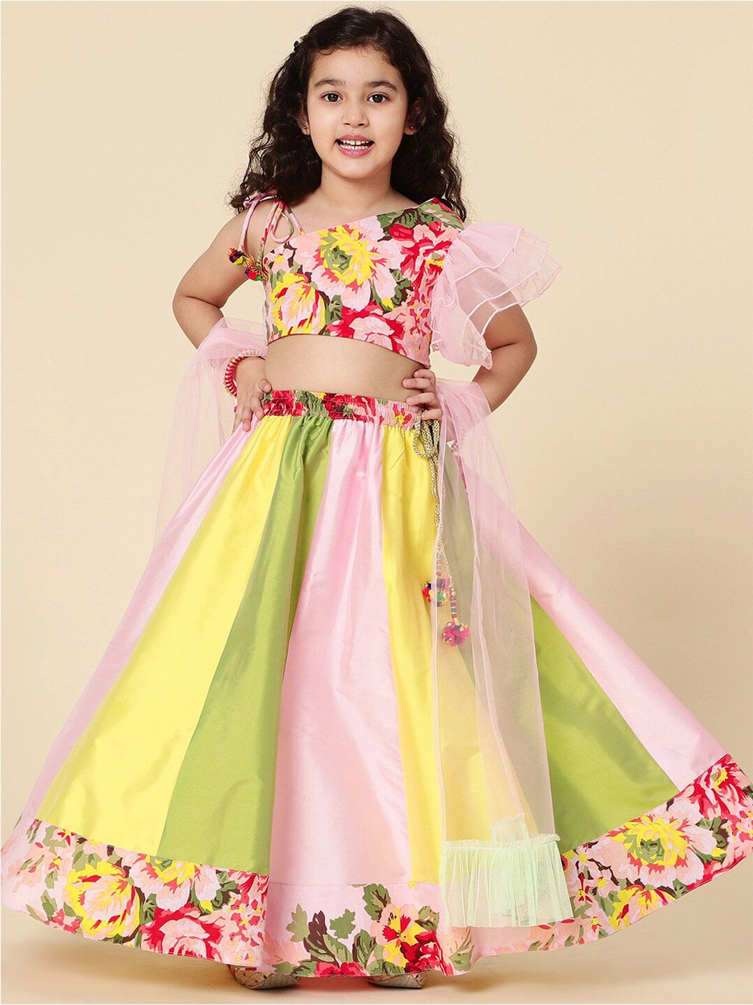 A T U N Girls Pink & Yellow Printed Ready to Wear Lehenga & Blouse With Dupatta Price in India