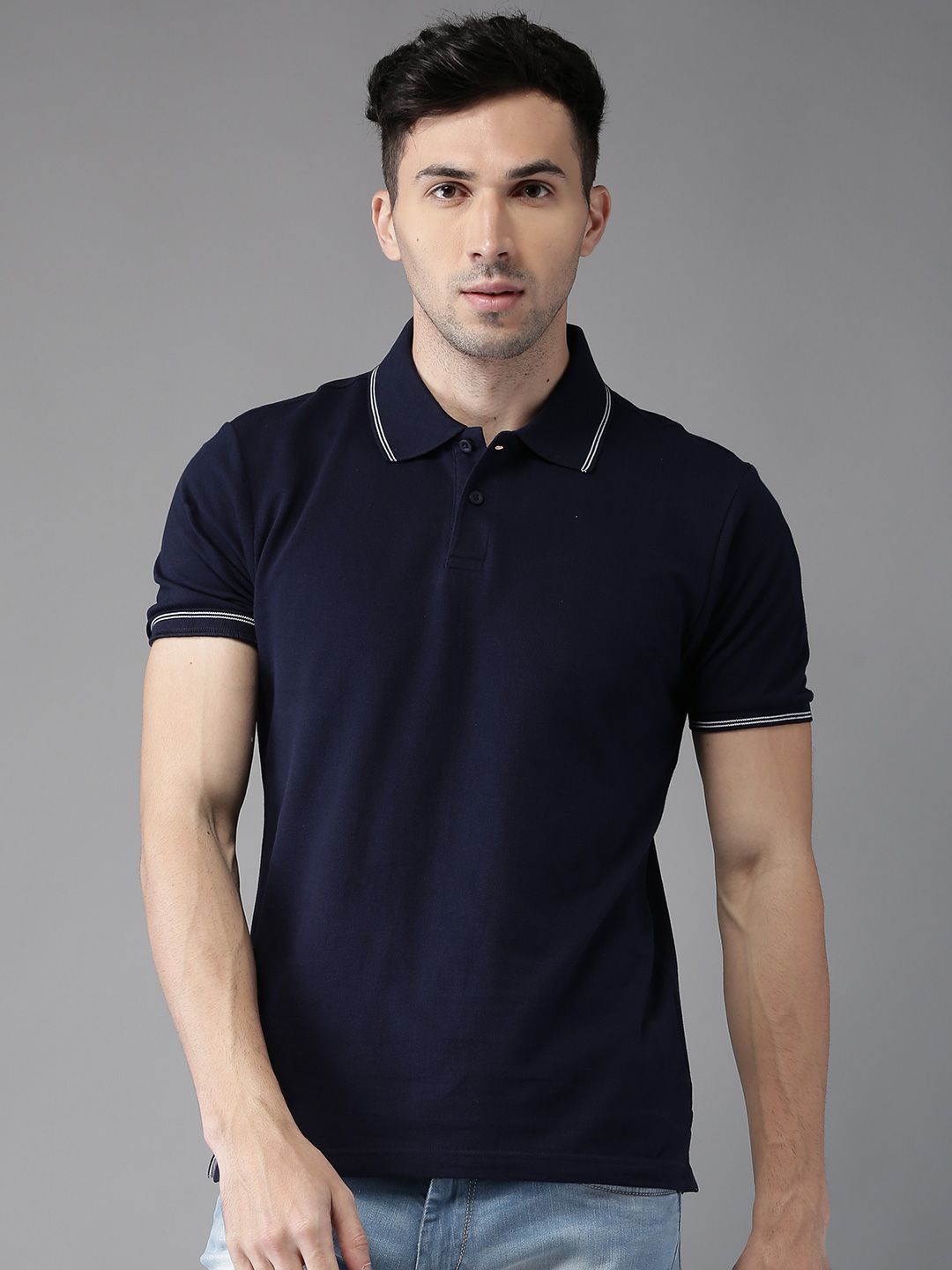 HERE&NOW Men Navy Solid Polo Collar T-shirt