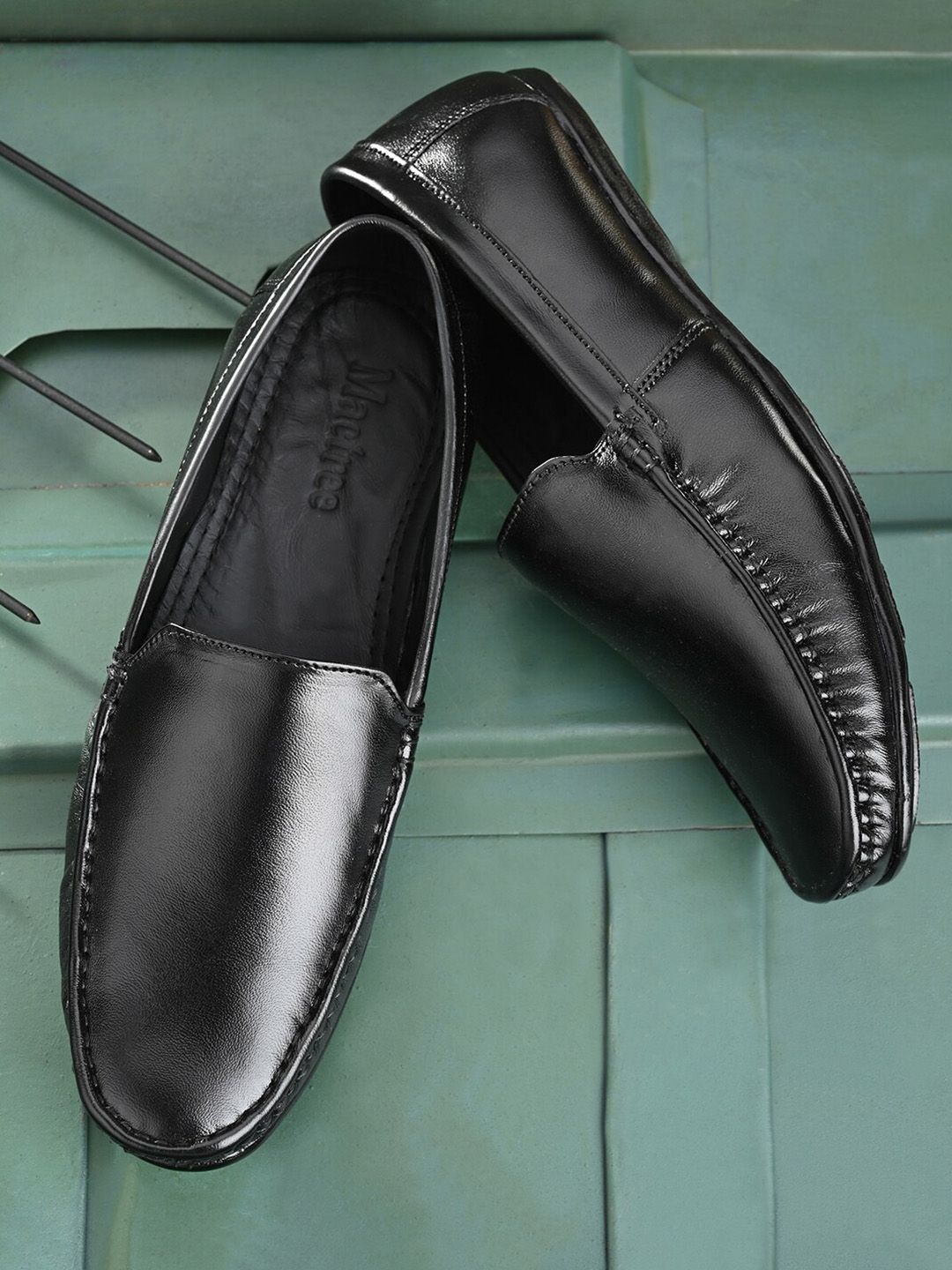 Mactree Men Black Solid Leather Loafers