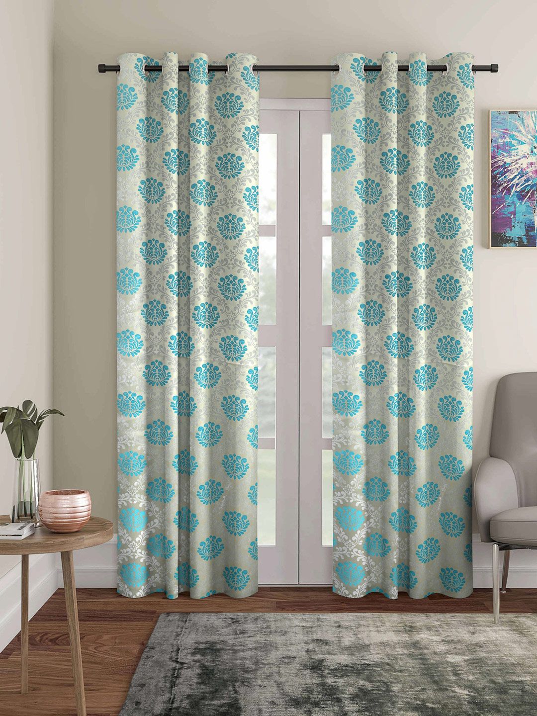 ROMEE Set of 2 Turquoise Blue & Silver Toned Ethnic Motifs Room Darkening Door Curtain Price in India