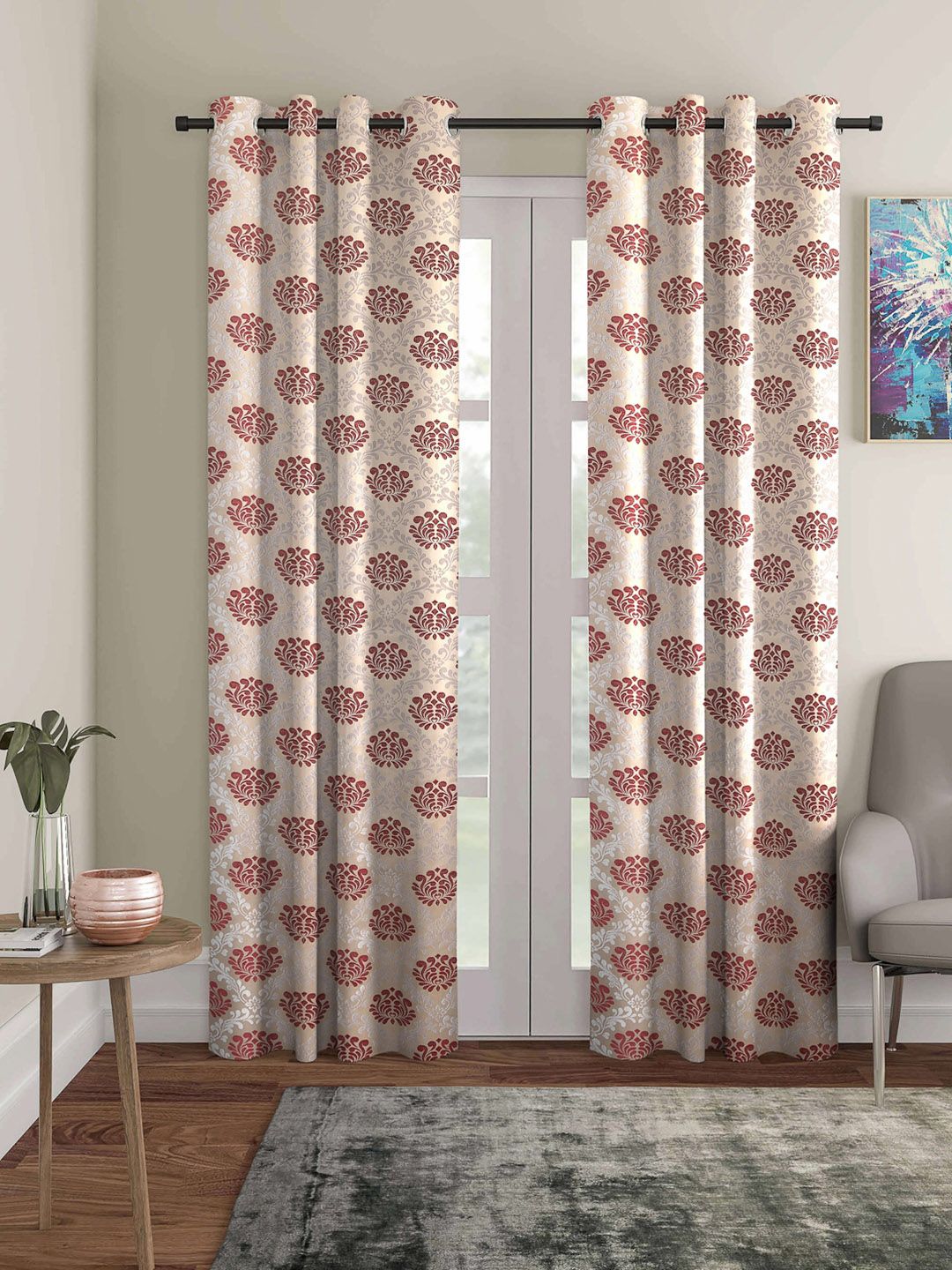 ROMEE  Set of 2 Maroon & Beige Ethnic Motifs Room Darkening Long Door Curtain Price in India