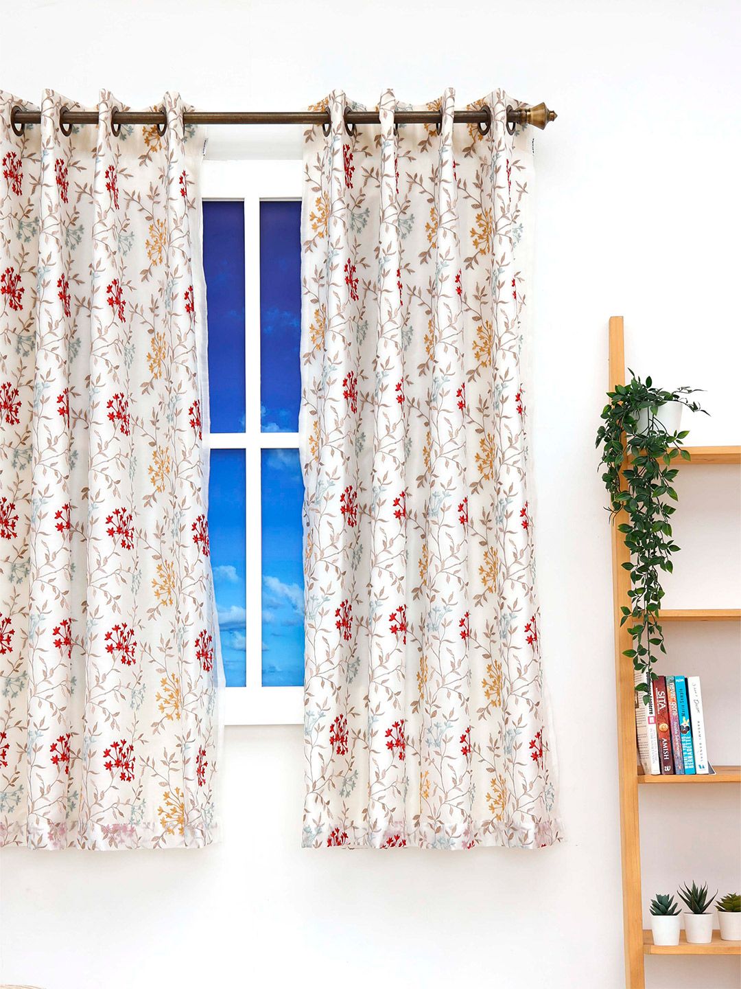 Ariana White & Red Floral Embroidered Window Curtain Price in India