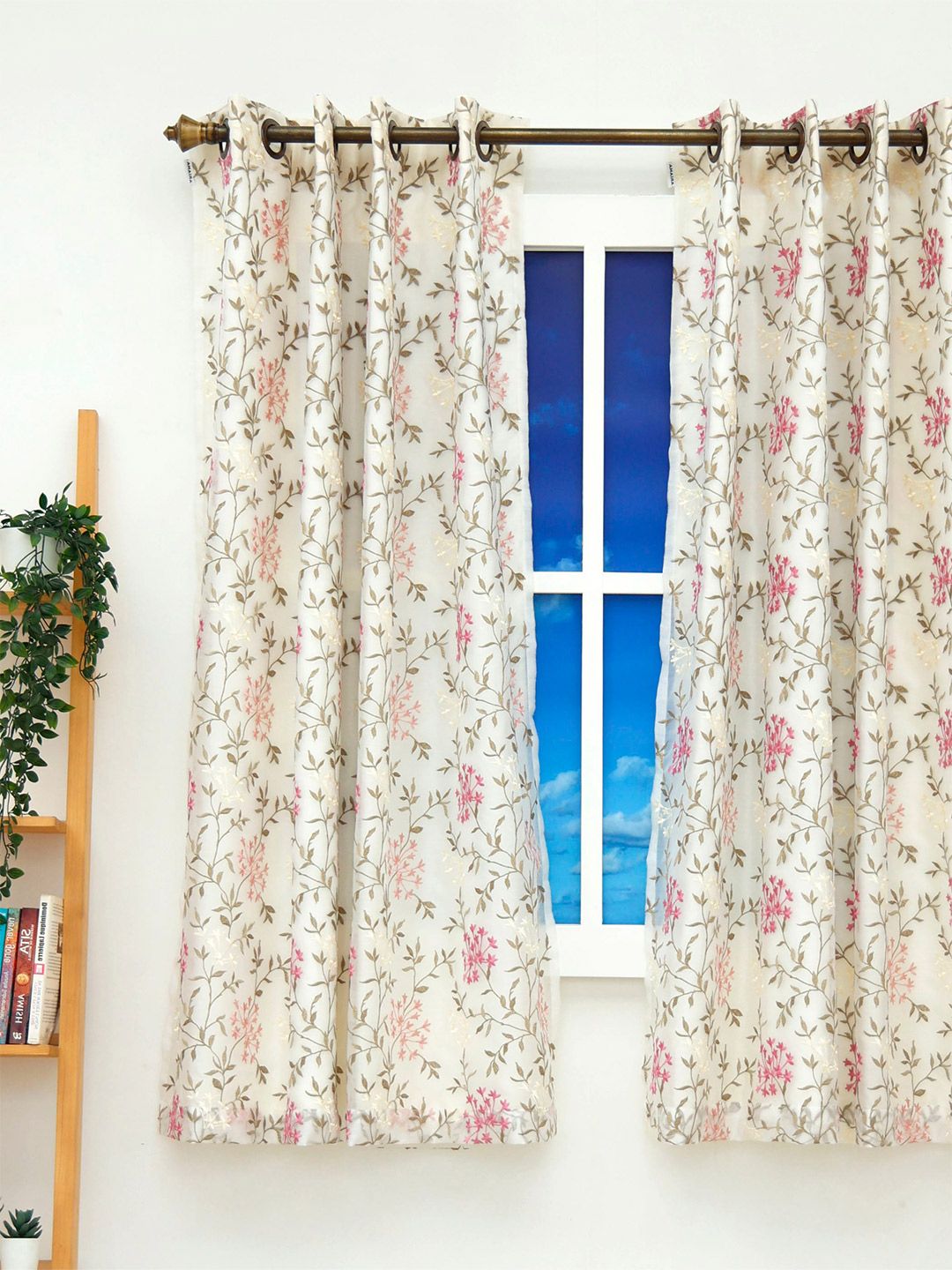 Ariana White & Pink Floral Embroidered Window Curtain Price in India