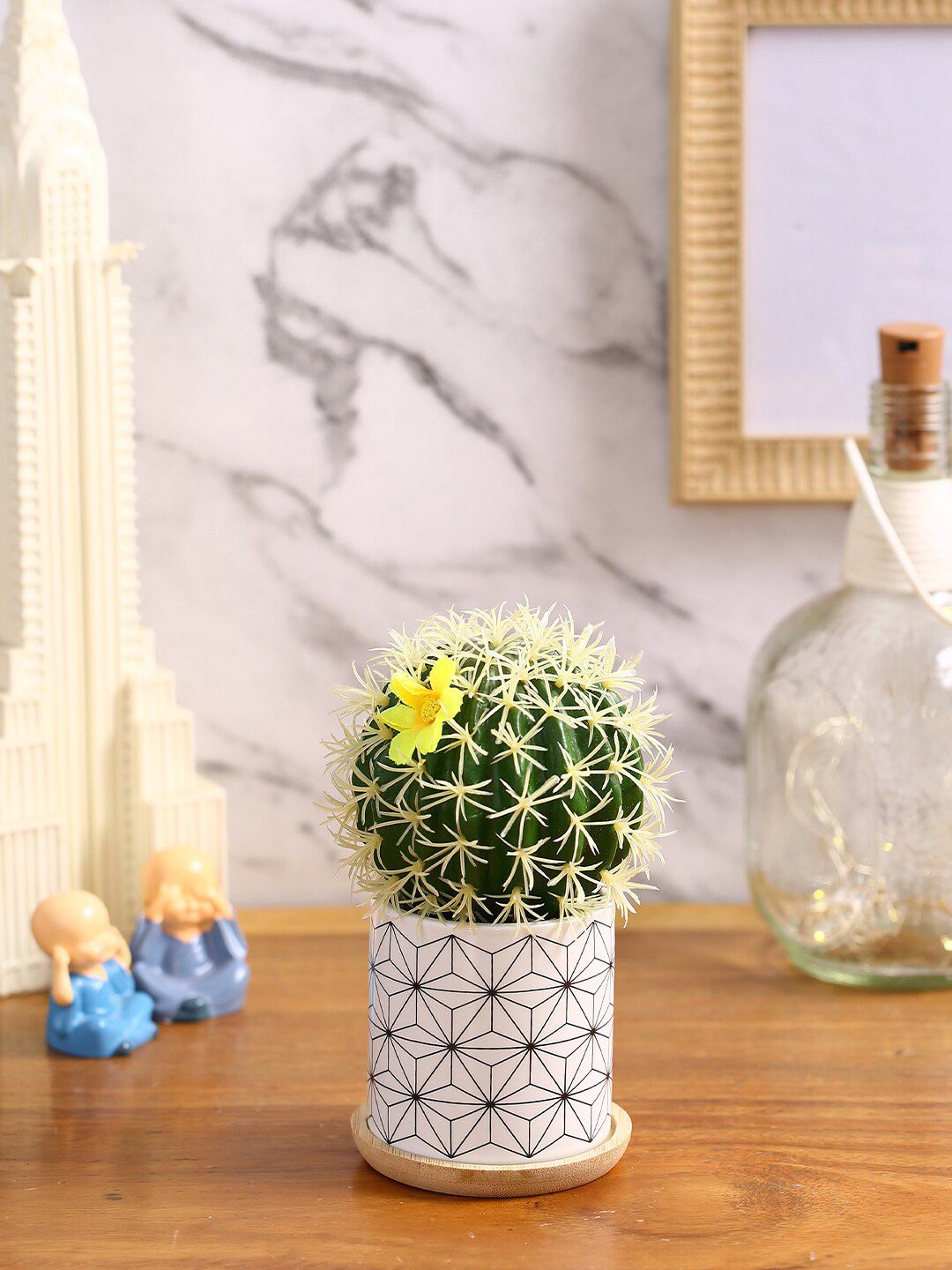 Fourwalls Green & White Artificial Cactus Succulent With Ceramic Pot Price in India