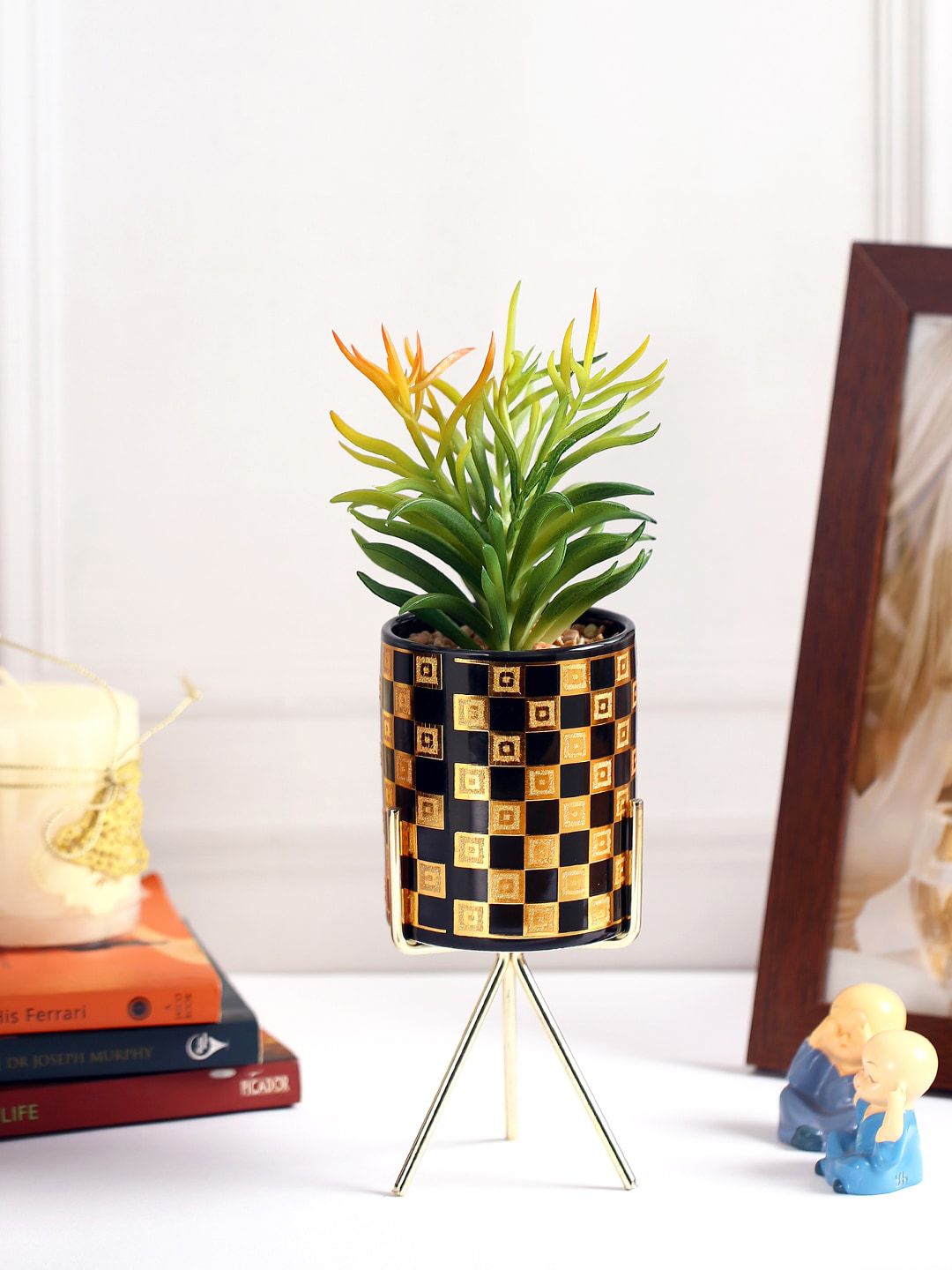 Fourwalls Green & Gold Artificial Succulent Plant With Ceramic Pot Price in India