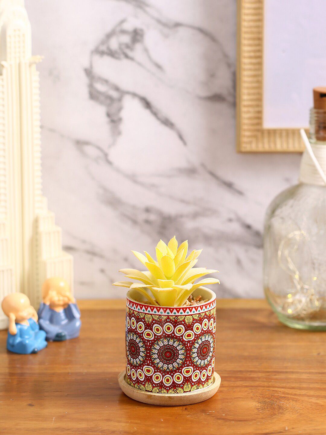 Fourwalls Yellow & Brown Artificial Succulent Plant With Ceramic Pot & Coaster Price in India