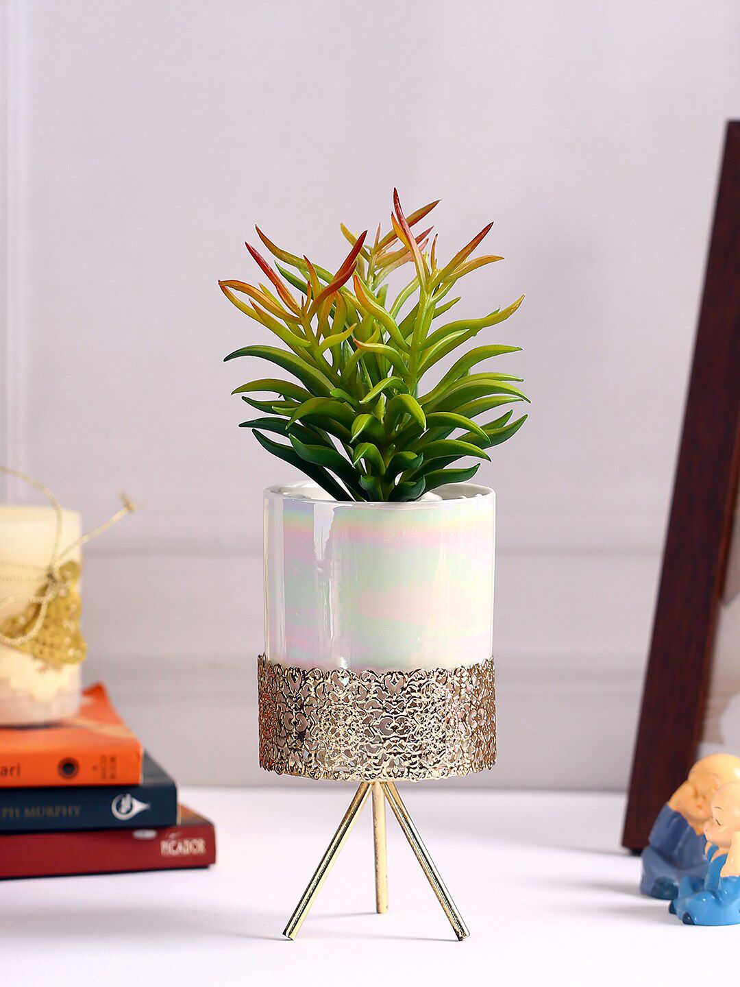 Fourwalls Green & White Artificial Succulent Plant With Pot Price in India