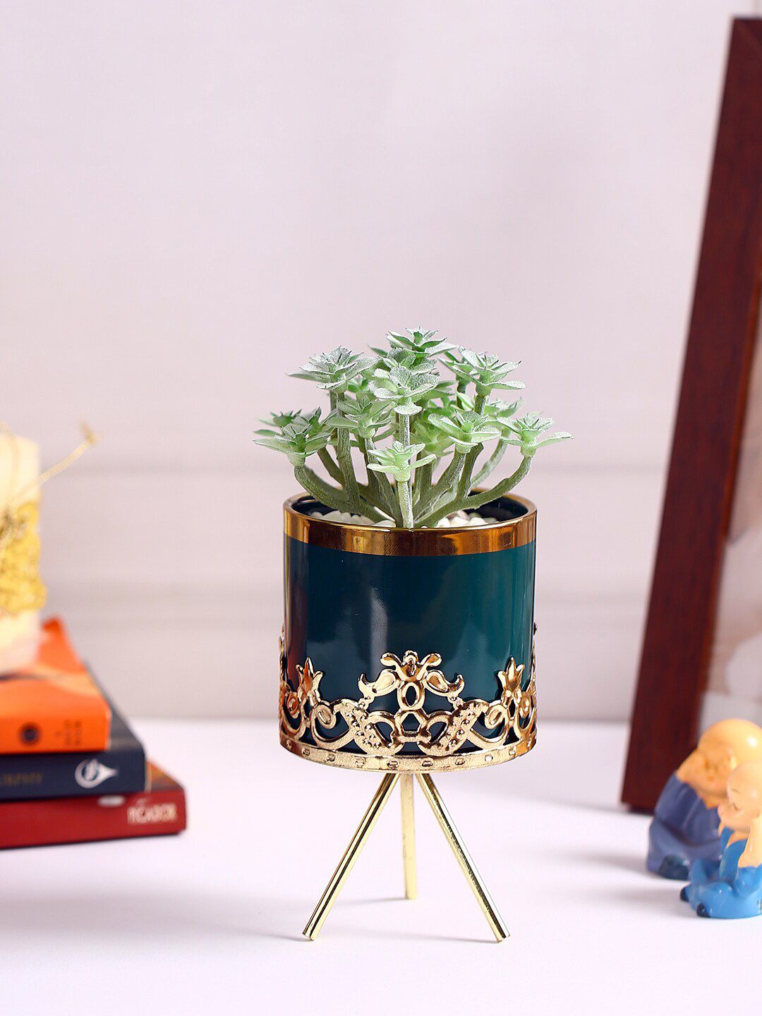 Fourwalls Green & Black Solid Artificial Succulent Plant With Ceramic Pot Price in India