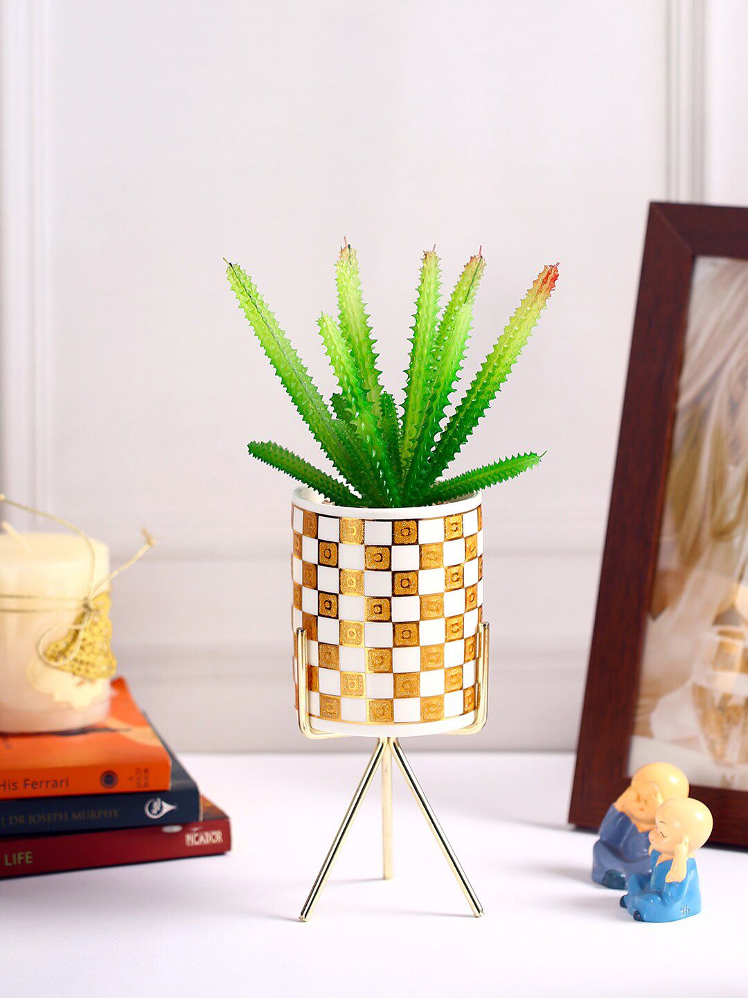 Fourwalls Green & Gold-Toned Textured Artificial Succulent Plant With Pot Price in India