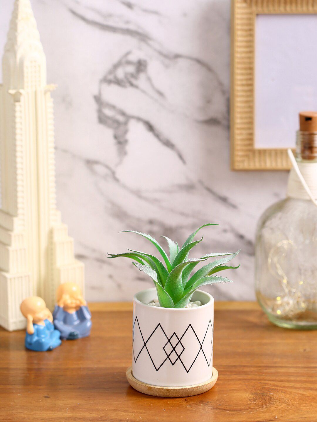 Fourwalls Green & White Solid Artificial Succulent Plant With Pot Price in India