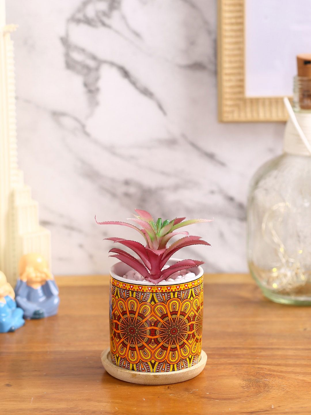 Fourwalls Red Artificial Cactus Succulent Plant With Orange Printed Ceramic Pot Price in India
