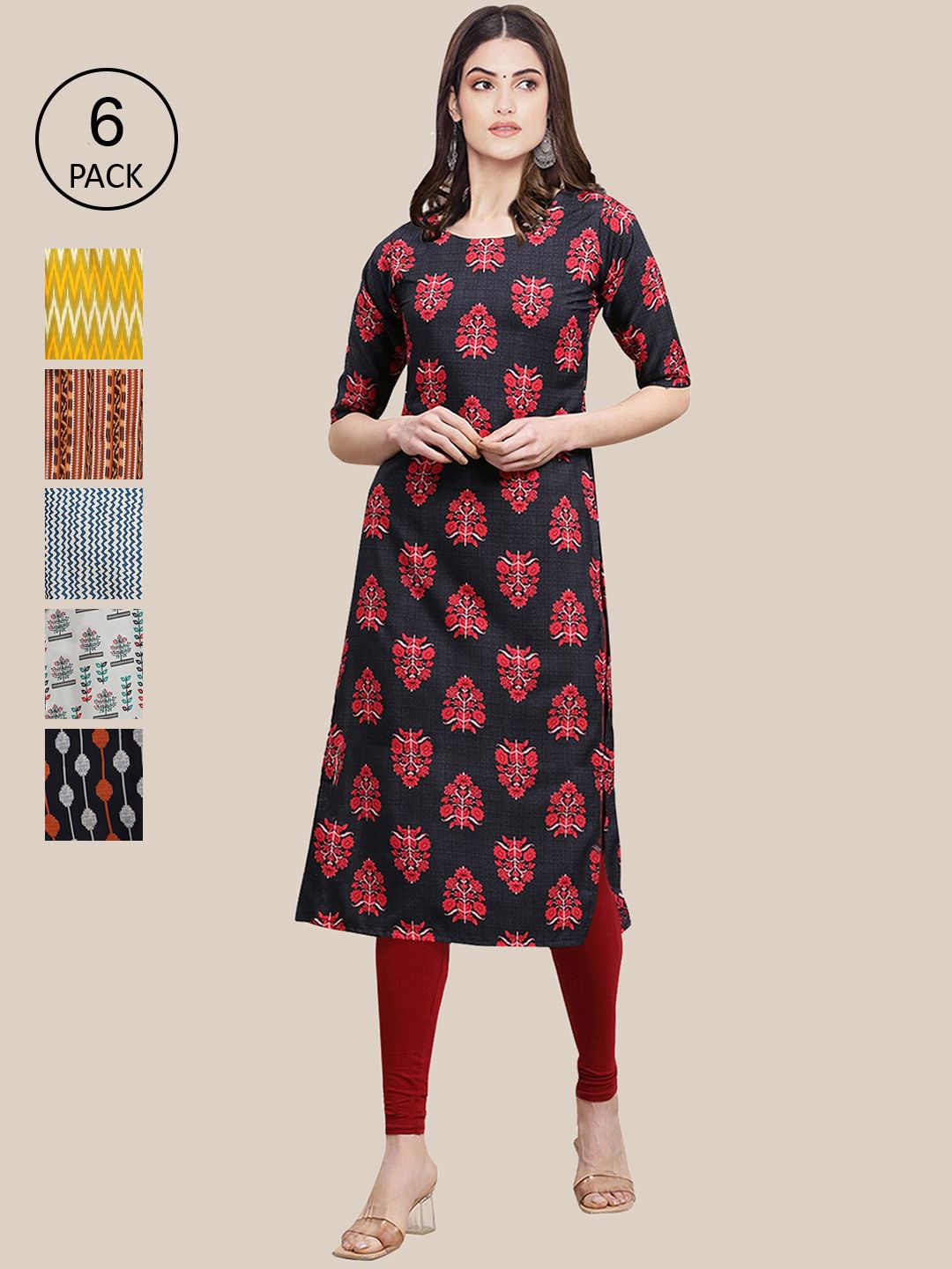 1 Stop Fashion Women Pack Of 6  Multicoloured Geometric Printed Crepe Kurta Price in India