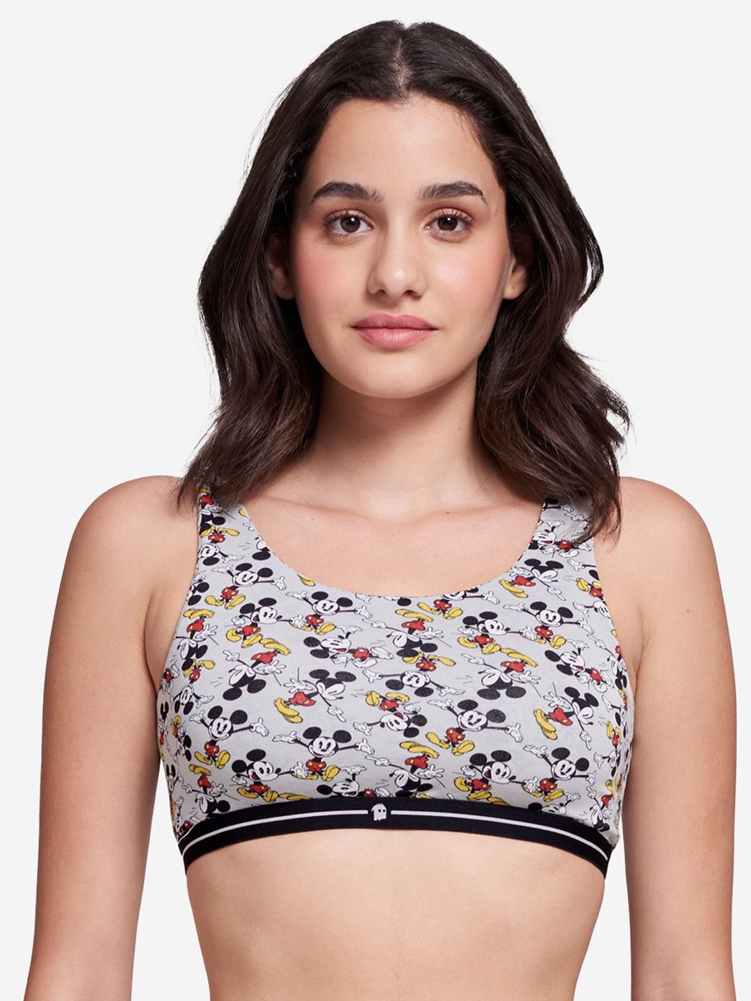 The Souled Store Grey & Black Mickey Mouse Printed Sports Bra Price in India