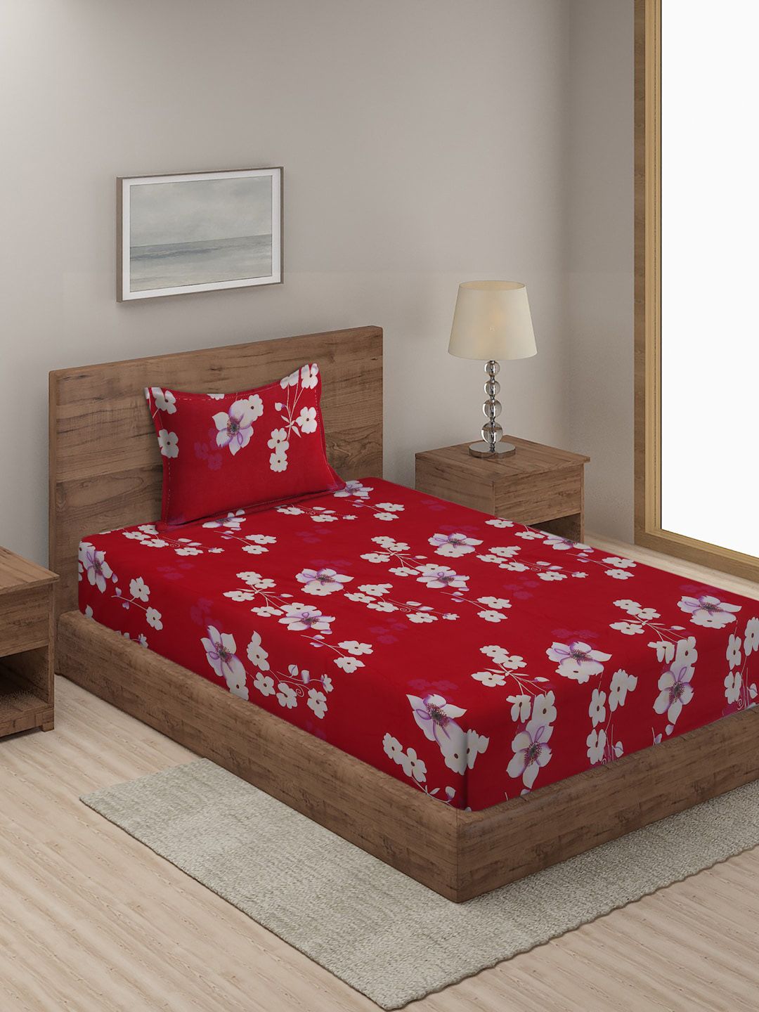 SOKNACK Red 300 TC SINGLE BED PRINED BED SHEET WITH 1 PILLOW COVER Price in India