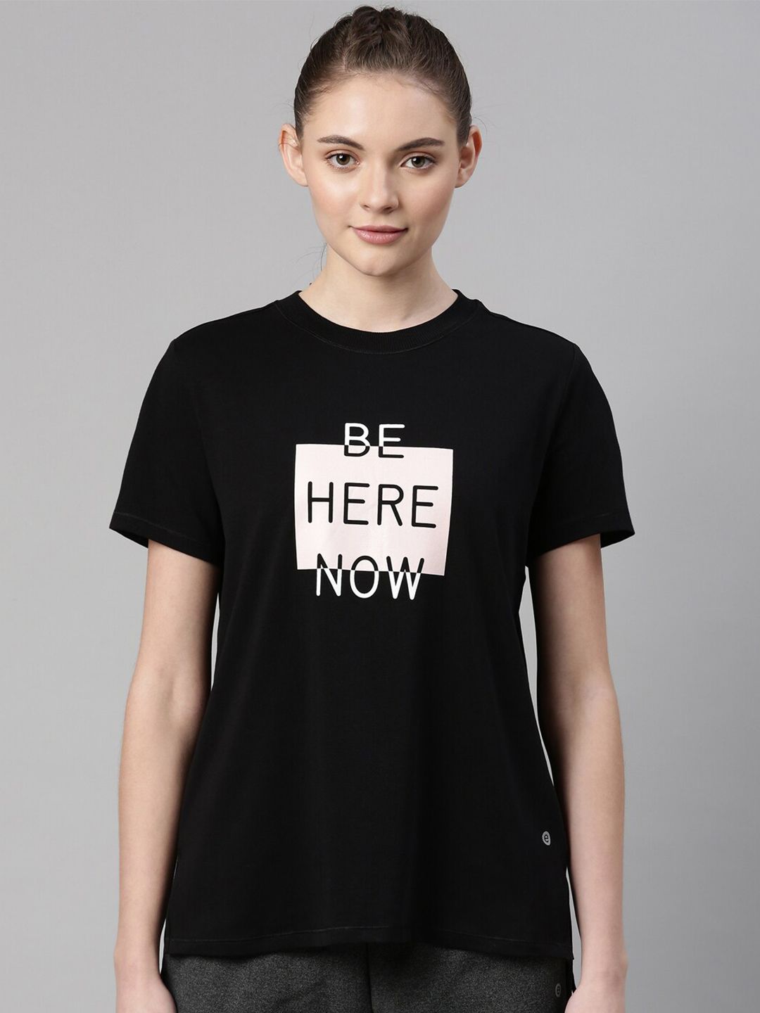 Enamor Women Black Typography Printed Antimicrobial Relaxed Fit T-shirt Price in India
