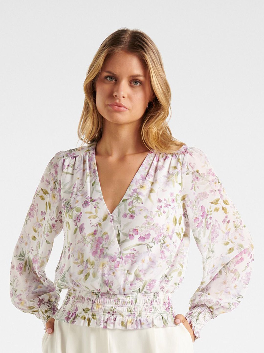 Forever New Women White & Purple Floral Print Blouson Top Price in India
