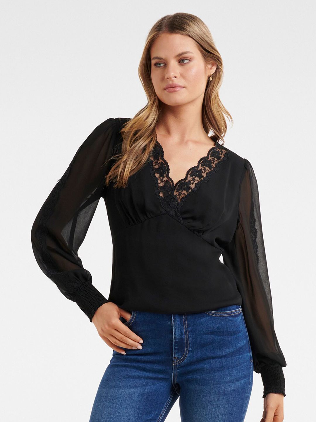 Forever New Women Lace Trim Black V- Neck Top Price in India