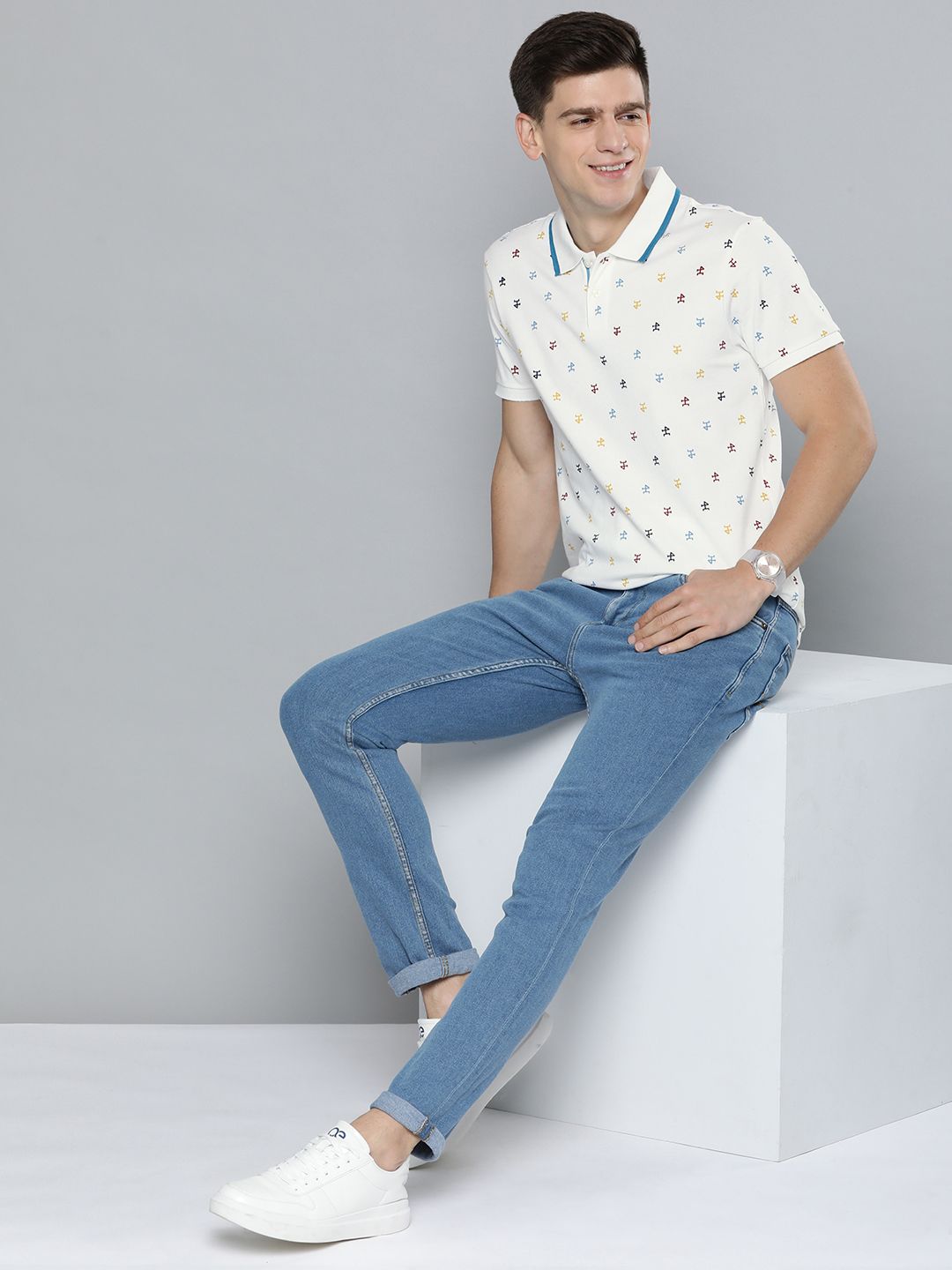 Mast & Harbour Men White Cotton Typography Printed Polo Collar T-shirt