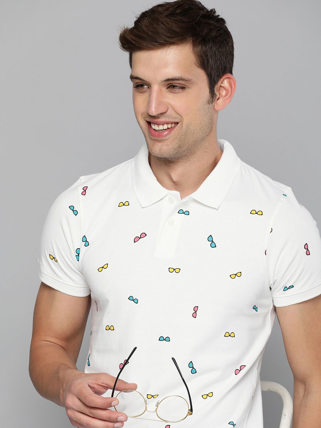 Mast & Harbour Men White Cotton Printed Polo Collar T-shirt