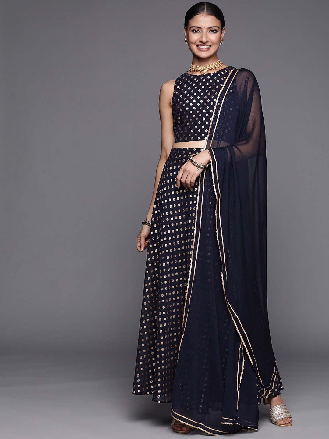 Libas Blue & Gold-Toned Printed Ready to Wear Lehenga & Blouse With Dupatta Price in India