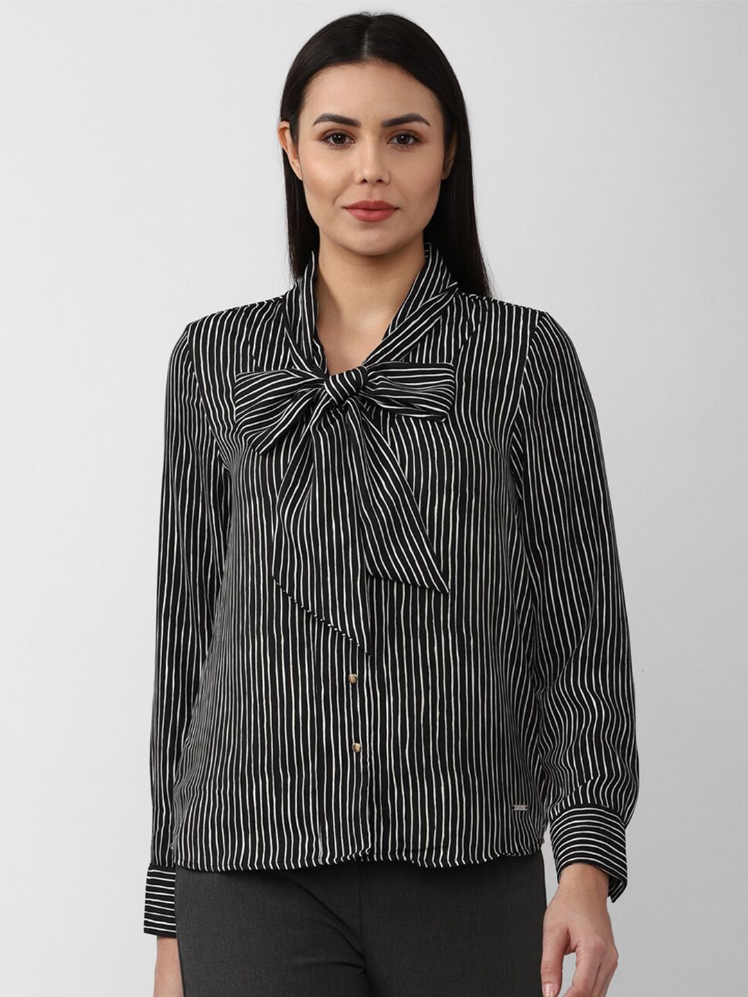 Van Heusen Woman Black Striped Tie-Up Neck Shirt Style Top Price in India