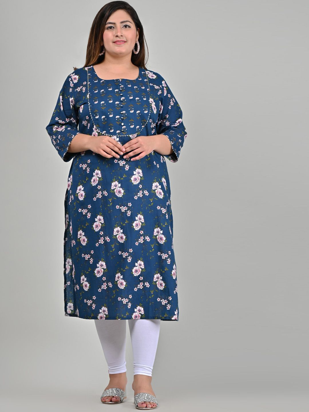 Swasti Women Navy Blue Printed Flared Sleeves Thread Work Floral Kurta Price in India
