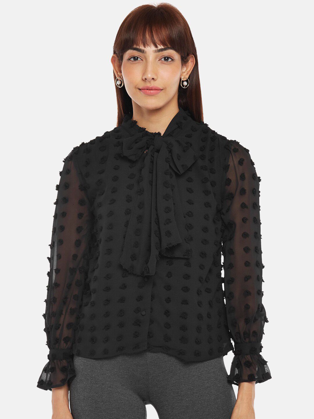 Annabelle by Pantaloons Black Tie-Up Neck Georgette Shirt Style Top Price in India