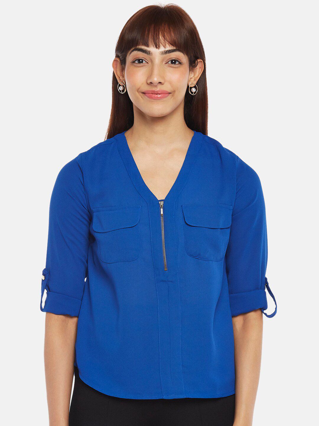 Annabelle by Pantaloons Blue Roll-Up Sleeves Top Price in India