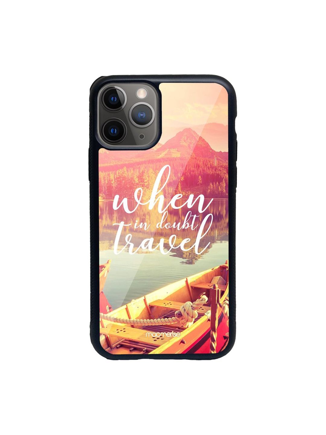 macmerise Peach-Coloured Printed When in Doubt Travel Glass iPhone 11 Pro Back Case Price in India