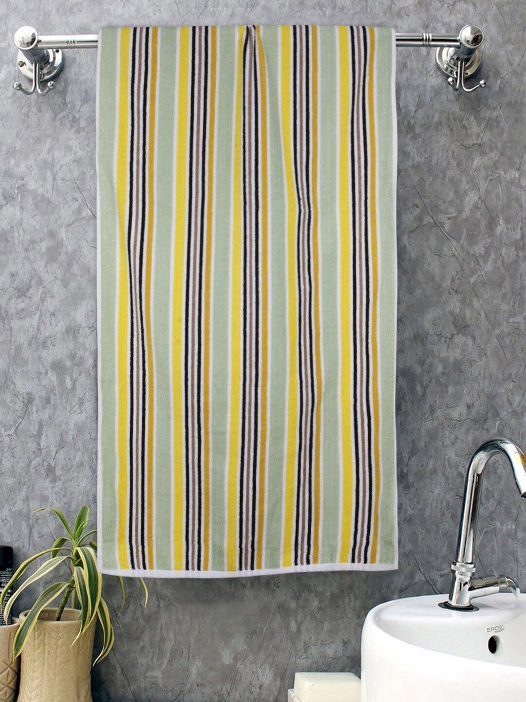 ROMEE Green Striped 500 GSM Cotton Bath Towel Price in India