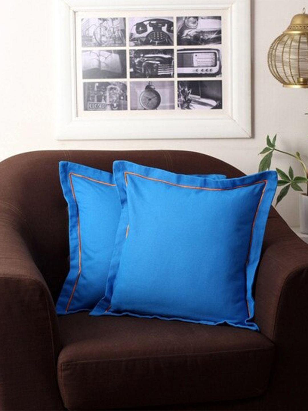 Lushomes Blue & Yellow Pack  of 2 Cotton Square Cushion Covers Price in India