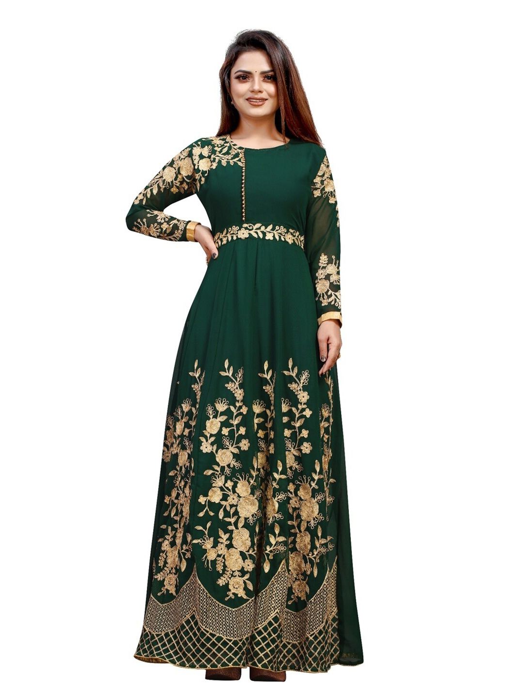 APNISHA Women Green Floral Net Ethnic Maxi Dress Price in India