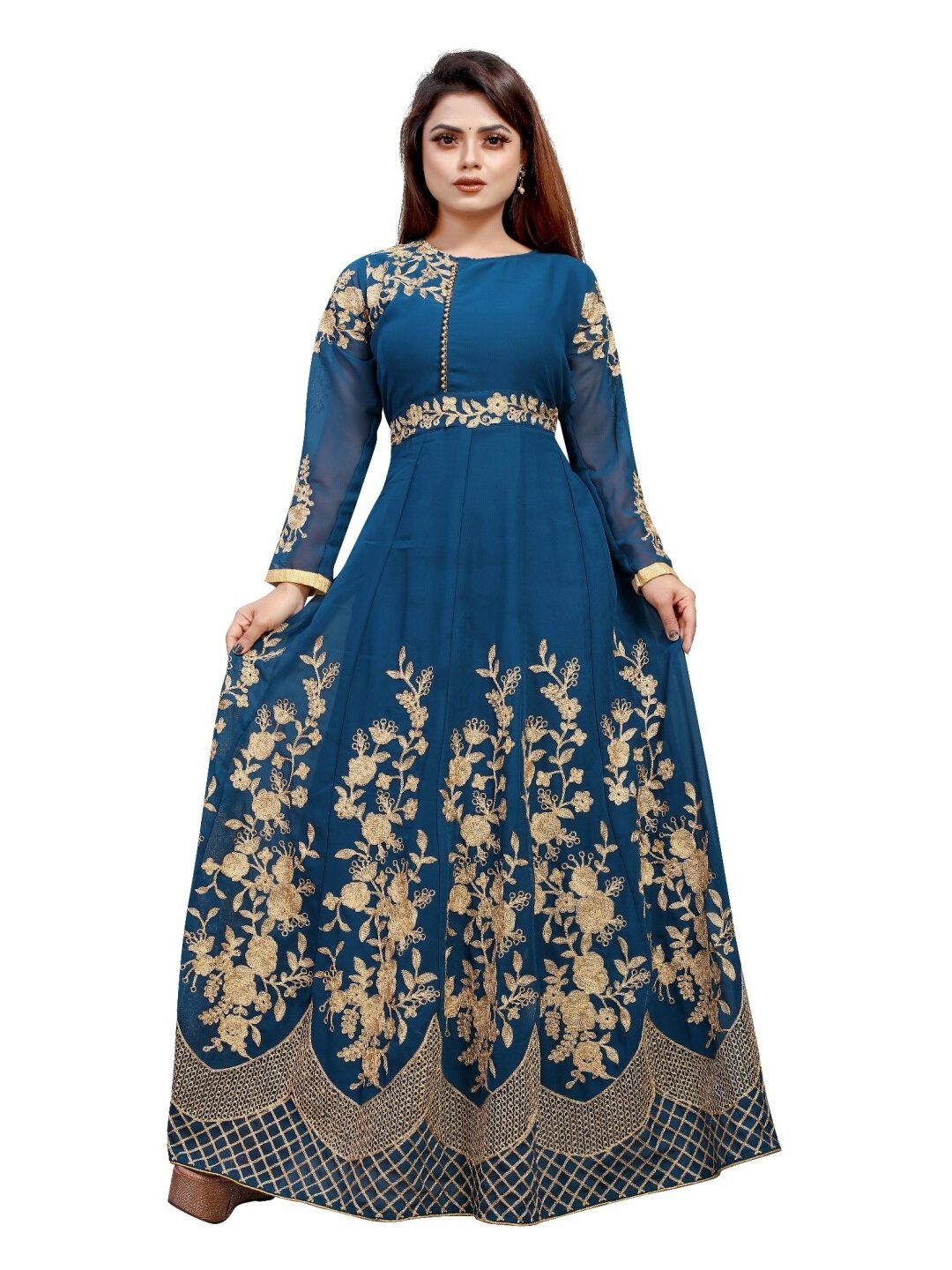 APNISHA Women Blue Floral Net Ethnic Maxi Dress Price in India