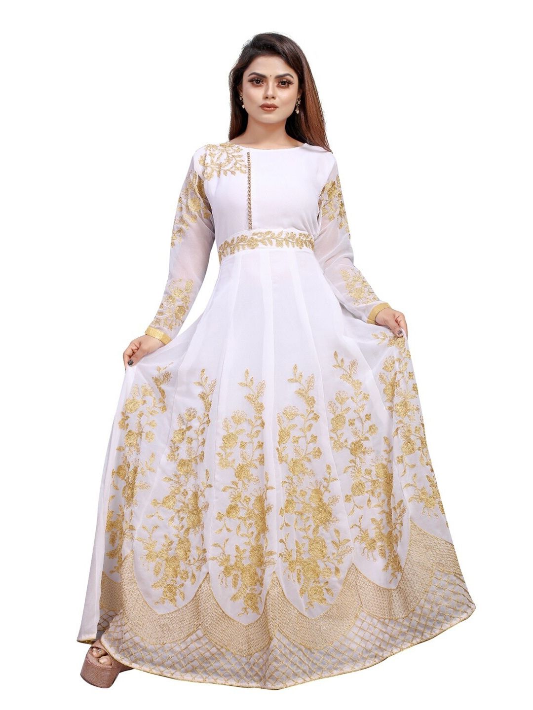 APNISHA Women White Embellished Net Ethnic Maxi Dress Price in India