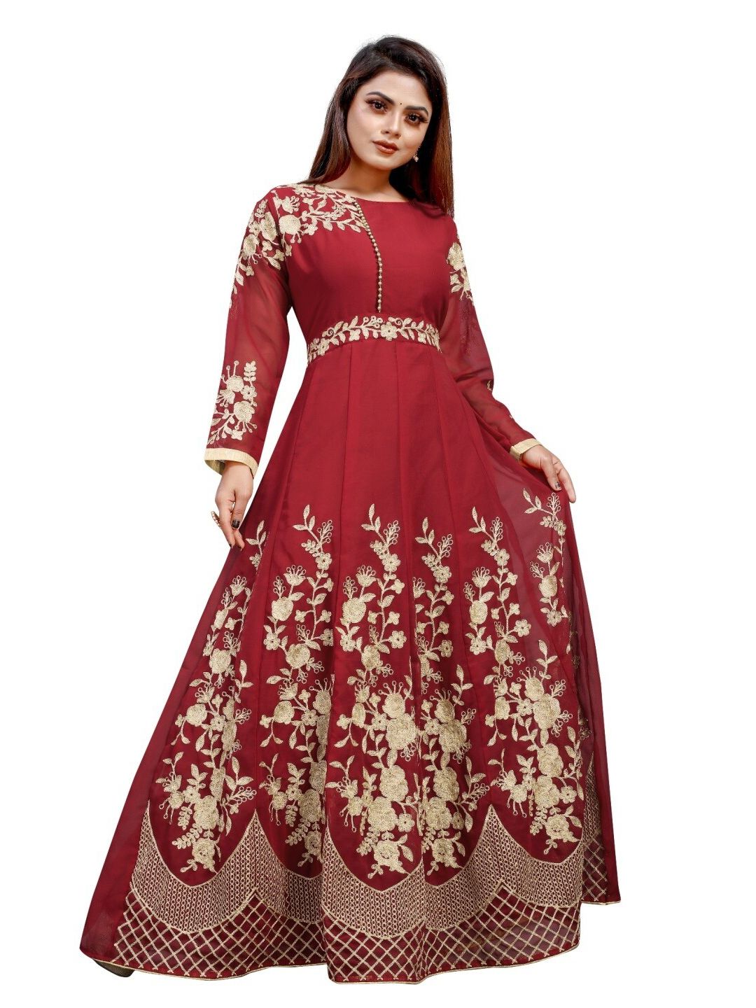 APNISHA Red Floral Net Ethnic Maxi Dress Price in India