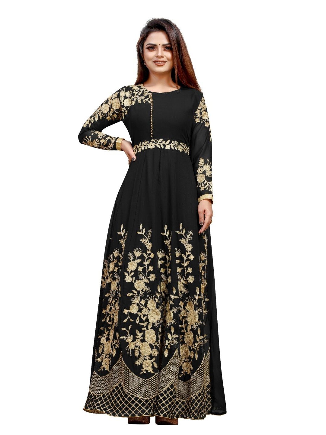 APNISHA Black Floral Net Ethnic Maxi Dress Price in India