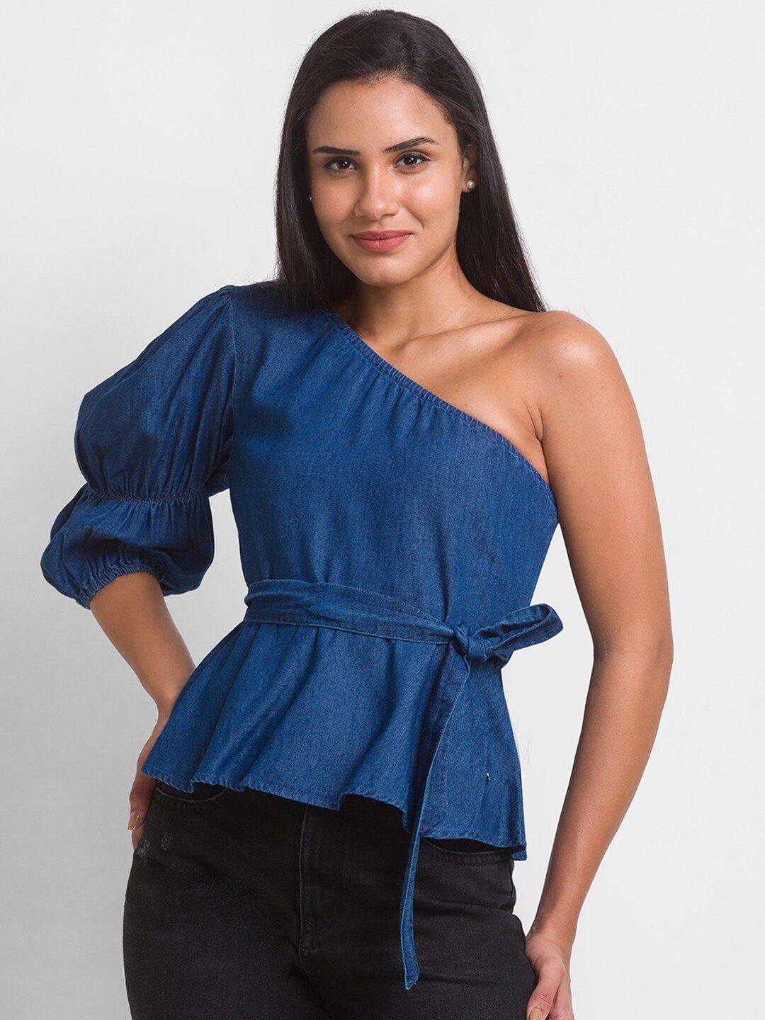 SPYKAR Blue One Shoulder Denim Top Price in India