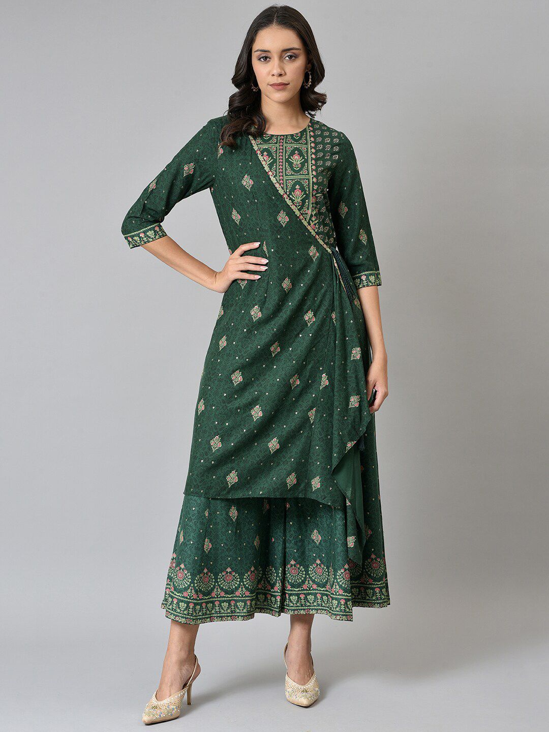 W Women Green Glitter Printed Angrakha Jumpsuit Price in India