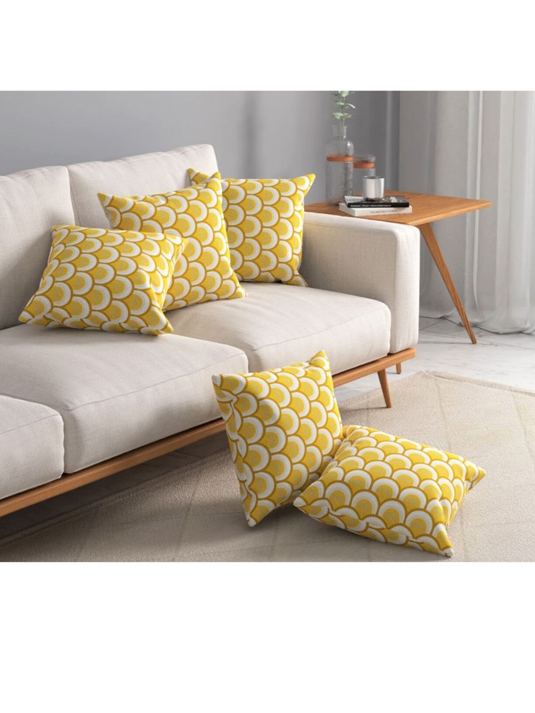 URBAN SPACE Yellow & White Pack of 3 Printed Square Cushion Covers Price in India