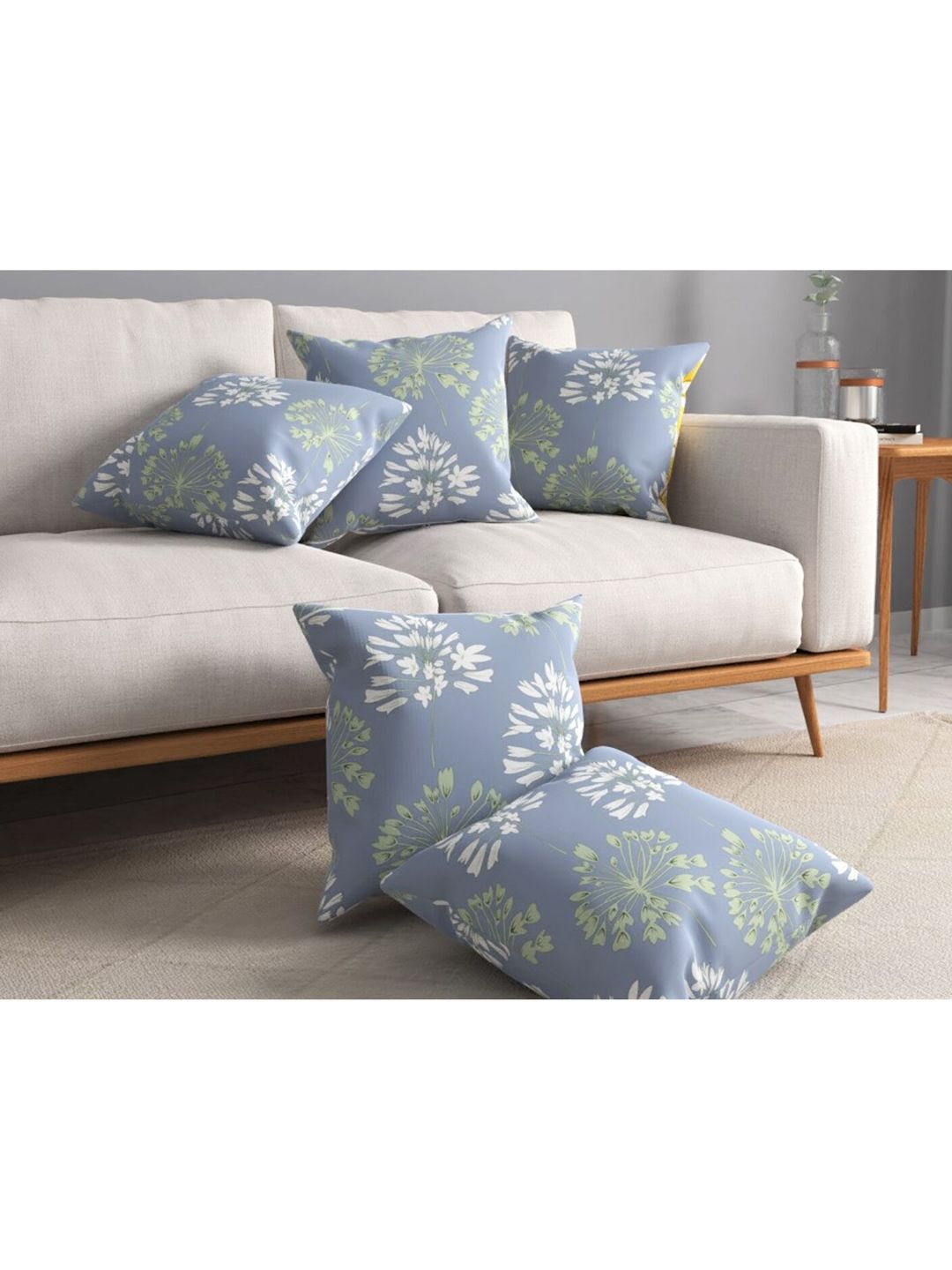 URBAN SPACE Grey & Off White Pack of 5 Printed Square Cushion Covers Price in India