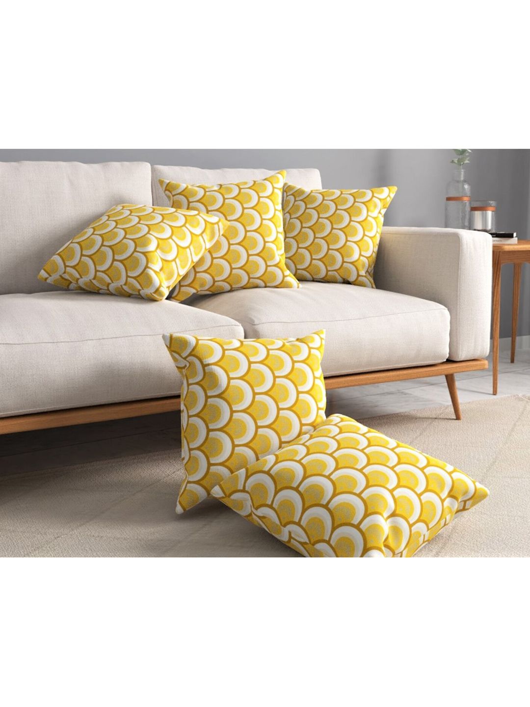 URBAN SPACE Yellow & Off White Pack of 5 Printed Square Cushion Covers Price in India